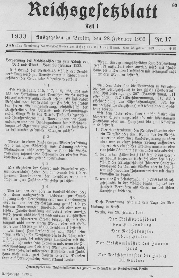 Verordnung des Reichspräsidenten zum Schutz von Volk und Staat („Reichstagbrandverordnung”) (28. Februar 1933)